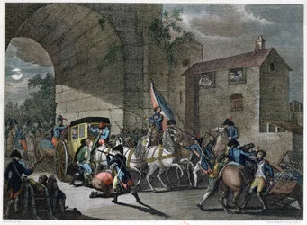 Die Verhaftung von Ludwig XVI. in Varennes, 22. Juni 1791, graviert von Reinier Vinkeles und Daniel Vrydag